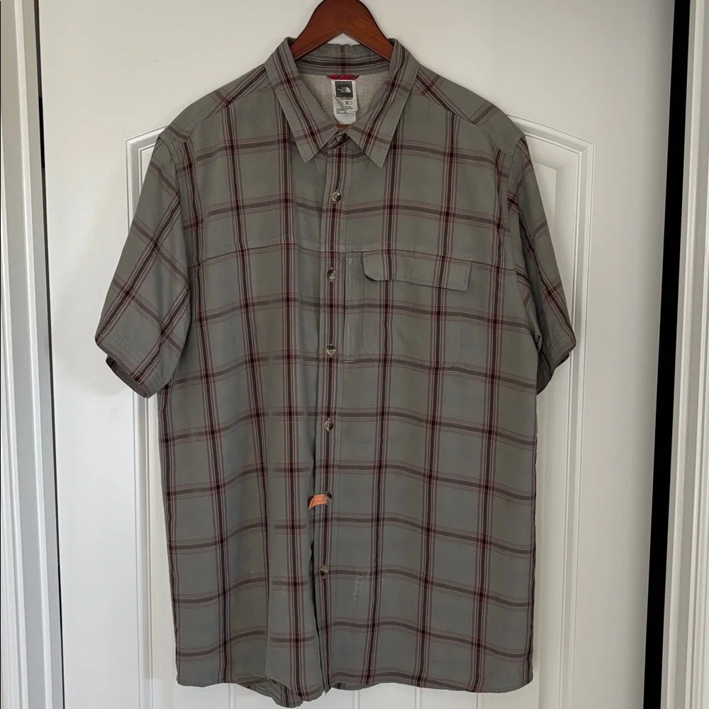 North Face Polyester Blend Green Plaid‎ Shirt Zip Pocket Outdoors Work Mens XL